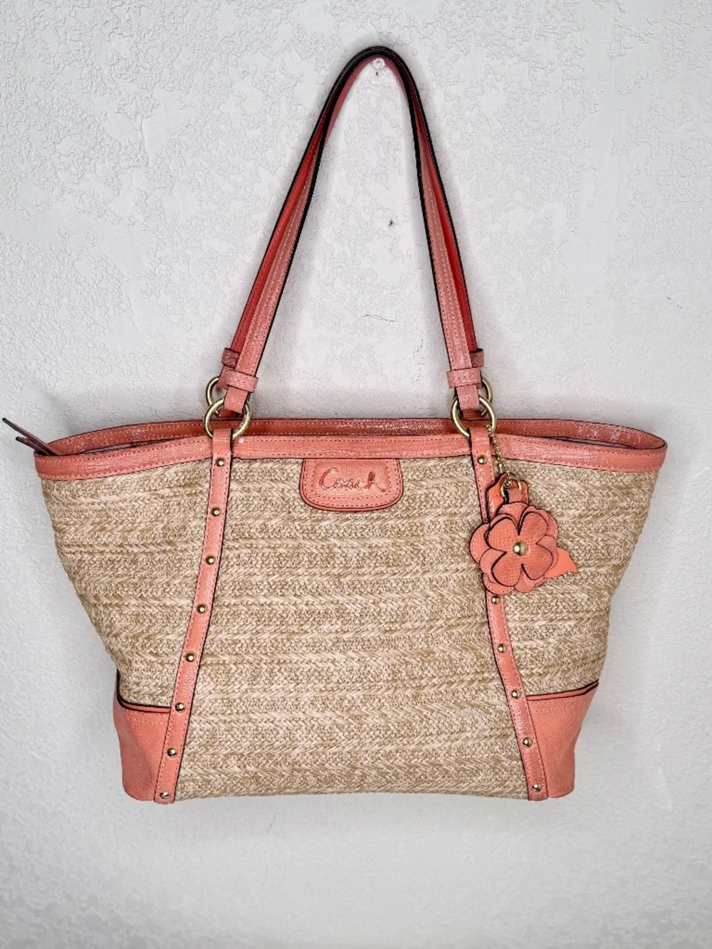 Coach Alexandra raffia with leather Coral Trim with Flower Charm & logo charm - Picture 7 of 14